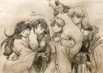  2boys 3girls armor asymmetrical_clothes family father_and_daughter greyscale han&#039;you_no_yashahime highres higurashi_towa inuyasha jaken japanese_clothes kimono monochrome mother_and_daughter multiple_boys multiple_girls oooranje_nlj parent_and_child pelt rin_(inuyasha) sesshoumaru setsuna_(inuyasha) sketch smile 