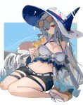 arknights breasts cleavage eyewear_on_head hat highres holding kneeling large_breasts looking_at_viewer mikojin red_eyes sandals short_shorts shorts skadi_(arknights) skadi_(riding_waves)_(arknights) stuffed_animal stuffed_toy white_hair 
