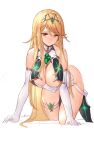  1girl all_fours artist_name bangs blonde_hair blush breasts chest_jewel cleavage elbow_gloves gloves hanging_breasts highres large_breasts leaning_forward long_hair looking_at_viewer mythra_(xenoblade) nose_blush sidelocks solo swd3e2 thigh_strap thighs tiara white_background white_gloves xenoblade_chronicles_(series) xenoblade_chronicles_2 yellow_eyes 