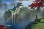  1other black_hair cape cliff cloud cloudy_sky commentary_request day fantasy full_body long_hair mountain original outdoors red_cape satoru_wada scenery shrine signature sky solo standing water waterfall 