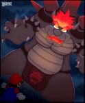  2021 angry anthro barazoku biceps big_spikes black_hair bowser bracelet bulge claws clothed clothing cloud duo eyebrows facial_hair fangs fire flaming_eyebrows flaming_hair fury_bowser gloves glowing glowing_eyebrows glowing_eyes glowing_hair grey_body grey_skin hair handwear hat headgear headwear hi_res horn human jewelry koopa looking_down looking_up male mammal manly mario mario_bros mostly_nude multicolored_eyebrows multicolored_hair musclegut muscular mustache navel nintendo nudnok3 open_mouth orange_eyebrows orange_hair outside overalls pecs pseudo_hair raining red_eyebrows red_hair reptile scalie sharp_claws sharp_teeth shell short_hair size_difference sky speedo spiked_bracelet spiked_shell spikes spikes_(anatomy) standing super_mario_3d_world swimwear teeth thick_thighs topless topless_male triceps video_games white_eyes yellow_eyes 