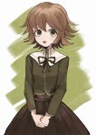  1boy :d bangs blush bojue_(hakus_1128) brown_eyes brown_hair brown_ribbon brown_skirt commentary_request cowboy_shot danganronpa:_trigger_happy_havoc danganronpa_(series) eyebrows_visible_through_hair fujisaki_chihiro green_background hair_between_eyes highres long_sleeves looking_at_viewer male_focus neck_ribbon open_mouth otoko_no_ko own_hands_together pleated_skirt ribbon school_uniform shirt short_hair sketch skirt smile solo v_arms white_background 