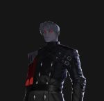  1boy armor belt closed_mouth dgk glowing glowing_eyes grey_background grey_hair male_focus original pauldrons red_eyes shoulder_armor simple_background single_pauldron solo turtleneck uniform vampire 