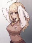  1girl :o absurdres ahoge akamatsu_kaede arms_behind_head arms_up bangs blonde_hair bojue_(hakus_1128) breasts collared_shirt commentary_request cowboy_shot danganronpa_(series) danganronpa_v3:_killing_harmony eighth_note gradient gradient_background grey_background hair_ornament hair_tie hands_in_hair highres large_breasts long_hair long_sleeves looking_at_viewer medium_breasts musical_note musical_note_hair_ornament necktie open_mouth orange_neckwear pleated_skirt shirt skirt solo sweater_vest tying_hair upper_body 