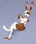  4_fingers 4_toes anthro blue_eyes breasts brown_body brown_fur danomil eyebrows eyelashes feet female fingers fur hair hi_res lagomorph leporid mammal mouse murid murine nude open_mouth rabbit rodent teeth text toes tongue url white_hair 
