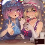  2girls :d absurdres afterimage alcohol blonde_hair blue_dress blue_headwear blush boa_(brianoa) bottle breasts bright_pupils choker cleavage come_hither cup dialogue_box dress drinking_glass eyebrows_visible_through_hair gameplay_mechanics gloves hand_up hat hat_ribbon highres holding holding_cup holding_hands interlocked_fingers large_breasts long_hair multiple_girls open_mouth pillow_hat pink_eyes pink_hair purple_dress purple_eyes red_choker red_ribbon ribbon saigyouji_yuyuko sakazuki sake_bottle short_hair smile touhou white_gloves white_headwear white_pupils wine wine_glass yakumo_yukari 