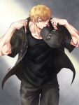  1boy black_pants black_shirt black_tank_top blonde_hair canal001 collarbone cowboy_shot hataraku_saibou headwear_removed killer_t_(hataraku_saibou) male_focus military military_uniform mouth_hold muscular muscular_male pants pectorals shirt short_hair short_sleeves solo tank_top undressing uniform 