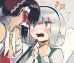  !? 2girls ^^^ black_hair blue_eyes blush boa_(brianoa) bright_pupils commentary d: english_commentary gohei green_vest hair_tubes hairband hakurei_reimu hand_up highres holding konpaku_youmu long_sleeves medium_hair multiple_girls open_mouth touhou vest white_hair white_pupils wide_sleeves 