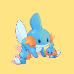  artist_name black_eyes closed_mouth commentary_request gen_3_pokemon mudkip no_humans open_mouth pokemon pokemon_(creature) smile starter_pokemon tochiringo toes yellow_background 