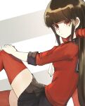 1girl bangs black_skirt blunt_bangs bojue_(hakus_1128) brown_hair closed_mouth commentary_request danganronpa_(series) danganronpa_v3:_killing_harmony feet_out_of_frame from_side hair_ornament hair_scrunchie harukawa_maki highres long_hair long_sleeves looking_at_viewer looking_to_the_side low_twintails miniskirt mole mole_under_eye pleated_skirt red_eyes red_legwear red_scrunchie red_shirt scrunchie shirt sitting skirt solo thighhighs twintails zettai_ryouiki 