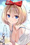  1girl :d bangs bare_shoulders blue_eyes bow bra_strap breasts brown_hair cleavage collarbone drinking_fountain eyebrows_visible_through_hair from_side grin hair_between_eyes hair_bow hanging_breasts highres looking_at_viewer looking_to_the_side medium_breasts muka_tsuku off-shoulder_shirt off_shoulder open_mouth original red_bow shirt short_hair short_sleeves smile solo teeth water water_drop white_shirt 