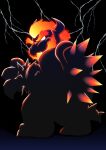  2021 anthro barefoot black_background black_body black_skin black_tail blonde_eyebrows blonde_hair bowser bowser&#039;s_fury bracelet claws eyebrows fire flaming_eyebrows flaming_hair fury_bowser glowing glowing_eyebrows glowing_hair hair hi_res horn jewelry koopa looking_at_viewer looking_back male mario_bros multicolored_eyebrows multicolored_hair nintendo orange_eyebrows orange_hair pseudo_hair red_eyebrows red_hair reptile scalie sharp_claws shell short_hair simple_background smile solo spiked_bracelet spiked_shell spiked_tail spikes spikes_(anatomy) standing thunder toe_claws vandroiy video_games white_eyes 