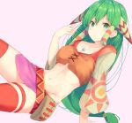 1girl breasts closed_mouth collarbone crop_top feena_(grandia) grandia grandia_i green_eyes green_hair groin hand_up highres jewelry kurai_masaru long_hair long_sleeves looking_at_viewer medium_breasts midriff navel necklace orange_shirt red_legwear revealing_clothes shirt sidelocks solo stomach thigh_strap thighhighs very_long_hair zettai_ryouiki 
