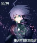  1boy aderu ahoge android bangs black_gloves closed_mouth commentary_request danganronpa_(series) danganronpa_v3:_killing_harmony dated gloves grey_eyes grey_hair hands_clasped hands_up happy_birthday keebo looking_at_hands looking_down own_hands_together short_hair smile solo upper_body 