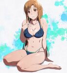  1girl arm_support asuna_(sao) bad_anatomy bangs bare_arms bare_legs bare_shoulders barefoot bikini blue_bikini blush braid breasts brown_eyes brown_hair cleavage collarbone commentary_request frilled_bikini frills hand_on_own_chest hand_up highres long_hair long_legs looking_at_viewer medium_breasts navel parted_lips puge sitting solo stomach swimsuit sword_art_online thighs wet 