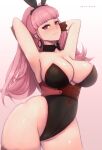  1girl absurdres animal_ears arms_up artist_name breasts bunny_ears cleavage closed_mouth earrings fake_animal_ears fire_emblem fire_emblem:_three_houses highres hilda_valentine_goneril jewelry large_breasts leotard long_hair pink_eyes pink_hair ponytail simple_background solo zelc-face 