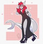  &lt;3 abstract_background anthro bessa breasts clothing dress ear_piercing ear_ring facial_piercing female fish footwear hair high_heels honeyjaws lip_piercing marine non-mammal_breasts piercing red_hair shark shoes snakebite_piercing solo tattoo tattooed_arm 