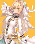  1girl ahoge bangs belt blonde_hair blush bodysuit braid breasts bridal_veil chain fate/extra fate/extra_ccc fate_(series) french_braid full-length_zipper green_eyes hair_between_eyes hair_bun hair_intakes head_wreath highres large_breasts lock long_hair long_sleeves looking_at_viewer nero_claudius_(bride)_(fate) nero_claudius_(fate)_(all) padlock smile untue veil white_bodysuit yellow_background zipper 