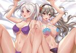  2girls arm_up armpits bare_shoulders bed_sheet bikini bikini_aside black_hairband blush braid breasts chungmechanic cleavage collarbone corrin_(fire_emblem) corrin_(fire_emblem)_(female) cum cum_on_stomach fire_emblem fire_emblem_awakening fire_emblem_fates fire_emblem_heroes from_above grey_hair hairband hetero highres holding_hands implied_sex interlocked_fingers large_breasts legs_up long_hair looking_down lying missionary multiple_girls navel o-ring o-ring_bikini on_back open_mouth out-of-frame_censoring pink_eyes purple_bikini red_eyes robin_(fire_emblem) robin_(fire_emblem)_(female) saliva sheet_grab shell shell_bikini silver_hair spread_legs stomach sweat swimsuit thighs tongue tongue_out twintails very_long_hair 