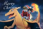  2boys artist_name bangs black_hair blue_oak brown_hair buttons charizard christmas closed_mouth cloud commentary_request fire flame gen_1_pokemon gloves hat kinui_88 long_sleeves male_focus merry_christmas multiple_boys night open_mouth outdoors pokemon pokemon_(creature) pokemon_adventures red_(pokemon) red_eyes riding_pokemon santa_hat sky smile watermark white_gloves 