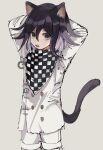  1boy animal_ears arms_behind_head arms_up bangs black_eyes black_hair bojue_(hakus_1128) cat_boy cat_ears cat_tail checkered checkered_scarf commentary_request cowboy_shot cropped_legs danganronpa_(series) danganronpa_v3:_killing_harmony fang hair_between_eyes highres kemonomimi_mode long_sleeves looking_at_viewer male_focus open_mouth ouma_kokichi purple_eyes scarf simple_background solo straitjacket tail 