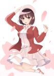  1girl :o absurdres arm_up bangs black_eyes blush bow breasts brown_hair cherry_blossoms dress full_body hat highres holding holding_clothes holding_hat jumping katou_megumi legs_up long_sleeves looking_at_viewer medium_breasts open_mouth saenai_heroine_no_sodatekata shinka_(yonkun121) short_hair simple_background skirt solo white_background white_bow white_headwear 