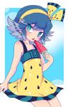  28423 armpit_peek blue_hair dress feet_out_of_frame food frilled_dress frills hairband himekawa_fubuki light_blue_background light_blue_eyes light_blue_hair popsicle sundress watermelon_bar watermelon_slice yellow_dress yellow_headband youkai_watch youkai_watch_jam:_youkai_gakuen_y 