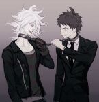  2boys :d ahoge bangs black_jacket black_neckwear black_pants brown_eyes brown_shirt chain chained collarbone collared_shirt danganronpa_(series) danganronpa_3_(anime) danganronpa_another_episode:_ultra_despair_girls formal from_side gradient gradient_background grey_hair highres hinata_hajime holding holding_chain jacket komaeda_nagito long_sleeves looking_at_another male_focus medama_(dronpata) multiple_boys necktie open_clothes open_jacket open_mouth pale_skin pants parted_bangs shirt short_hair smile upper_teeth 