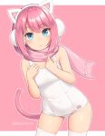  1girl animal_ears bare_arms bare_shoulders blue_eyes blush breasts cat_ears cat_tail closed_mouth covered_navel cowboy_shot earmuffs hairband hands_up leaning_to_the_side letterboxed looking_at_viewer medium_hair one-piece_swimsuit original paw_print pink_background pink_hair sasaame school_swimsuit small_breasts solo swimsuit tail thighhighs twitter_username white_legwear white_swimsuit 