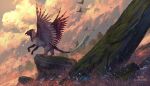  2021 avian clockbirds day detailed_background digital_media_(artwork) feathered_wings feathers grass gryphon hi_res mythological_avian mythology outside plant rock sky standing wings 