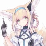  1girl absurdres animal_ear_fluff animal_ears arknights bangs bare_shoulders blonde_hair buran_(kure) closed_mouth commentary_request earpiece eyebrows_visible_through_hair fox_ears fox_girl fox_tail gloves green_eyes grey_background grey_gloves hair_between_eyes hand_up highres huge_filesize index_finger_raised infection_monitor_(arknights) kitsune multicolored_hair oripathy_lesion_(arknights) shirt simple_background smile solo suzuran_(arknights) tail two-tone_hair upper_body white_hair white_shirt 