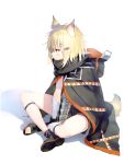  1girl animal_ears arknights between_legs black_cape blonde_hair blush cape closed_mouth fox_ears fox_tail from_side hair_ornament hairclip hand_between_legs hood hood_down hooded_cape indian_style profile sandals simple_background sitting solo tail vermeil_(arknights) wasabi60 white_background 