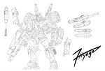  arm_cannon character_sheet clenched_hand concept_art decepticon english_commentary flame_toys greyscale highres hyogo_funabashi looking_down mecha monochrome no_humans official_art open_hand second-party_source signature solo_focus standing tarn transformers v-fin weapon 