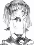  1girl blush bow bowtie breasts copyright_request cowboy_shot greyscale hair_ribbon highres long_hair looking_at_viewer mini_wings monochrome nanashi_(nlo) nipples own_hands_together parted_lips ribbon simple_background skirt small_breasts solo topless twintails white_background wristband 