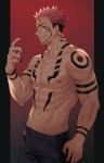  1boy abs arm_tattoo bara black_hair black_nails black_pants chest_tattoo extra_eyes facial_mark facial_tattoo fingernails full_body_tattoo haozz highres itadori_yuuji jujutsu_kaisen male_focus muscular muscular_male nipples pants pectorals pink_hair red_eyes ryoumen_sukuna_(jujutsu_kaisen) sharp_fingernails shirtless short_hair shoulder_tattoo smile solo spiked_hair tattoo undercut 