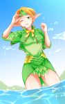  1girl :d absurdres ass_visible_through_thighs blue_sky blush commentary_request elf gensou_suikoden gensou_suikoden_iv green_capelet green_eyes green_headband green_shirt green_skirt ham_pon headband highres looking_at_viewer one_eye_closed open_mouth orange_hair outdoors partially_submerged paula_(suikoden) pointy_ears shirt skirt skirt_set sky smile solo standing water 