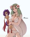  1girl artist_name breasts cleavage closed_mouth cm_lynarc fire_emblem fire_emblem:_three_houses fire_emblem_heroes flower green_eyes green_hair hair_flower hair_ornament holding long_hair rhea_(fire_emblem) simple_background solo swimsuit 