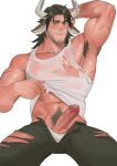  1boy abs alternate_facial_hair animal_ears arknights armpit_hair armpits bara bare_arms bare_pecs bare_shoulders beard brown_eyes brown_hair cow_boy cow_ears cow_horns erection excessive_pubic_hair facial_hair fur horns looking_at_viewer male_focus male_pubic_hair matterhorn_(arknights) medium_hair muscular muscular_male navel navel_hair nipples open_pants pants pectorals penis pubic_hair see-through seth shirt simple_background solo spread_legs stomach stubble tank_top thick_thighs thighs torn_clothes torn_pants torn_shirt uncensored wet wet_clothes wet_shirt white_background white_tank_top 