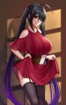  1girl ahoge azur_lane black_hair black_legwear clothes_lift commentary corset dress dress_lift eyebrows_visible_through_hair garter_belt highres long_hair red_dress red_eyes shadow solo taihou_(azur_lane) thighhighs tongue tongue_out twintails twitter_username yorugami_rei 