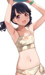  1girl armpits arms_up ball bangs bare_arms bare_shoulders beachball bikini black_hair bracelet collarbone commentary_request cowboy_shot fangs fukumaru_koito highres hiroki_(yyqw7151) idolmaster idolmaster_shiny_colors jewelry looking_at_viewer navel open_mouth print_bikini purple_eyes skin_fangs solo spaghetti_strap swept_bangs swimsuit tied_hair twintails white_background 