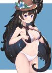  1girl armpits bangs bare_shoulders bikini black_hair blue_background blue_eyes blush breasts brown_headwear cleavage closed_mouth curly_hair fang fang_out feathered_wings flower granblue_fantasy halter_top halterneck hat hat_flower head_wings highres large_breasts long_hair looking_at_viewer marut_(granblue_fantasy) navel simple_background smile solo standing swimsuit swimwear uneg very_long_hair wings 