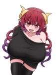  3:4 animal_humanoid big_breasts breasts clothing dragon dragon_humanoid fangs hair hi_res horn huge_breasts humanoid humanoid_pointy_ears iruru legwear looking_at_viewer miss_kobayashi&#039;s_dragon_maid purple_hair red_eyes red_hair simple_background stockings taiggerrock 