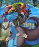  anthro breasts canid canine canis dragon female flower forest genitals hair mammal multicolored_hair plant pussy rainbow_hair reptile scalie solo sonechkachizhikov_(artist) tongue tree wings wolf 