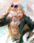  1boy abs alternate_costume animal_ears arknights bare_pecs brown_fur casual daylightallure dog_boy dog_ears eyewear_on_head furry horns hung_(arknights) male_focus medium_hair multicolored_hair muscular muscular_male navel open_clothes open_shirt orange_eyes orange_hair round_eyewear single_horn solo streaked_hair surfboard thick_eyebrows two-tone_fur water white_fur 