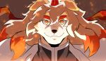  1boy animal_ears arknights brown_fur cosplay dog_boy dog_ears embers furry highres horns hung_(arknights) kimetsu_no_yaiba kou_(ixkouu) looking_at_viewer male_focus medium_hair movie_reference multicolored_hair muscular muscular_male orange_eyes orange_hair rengoku_kyoujurou rengoku_kyoujurou_(cosplay) single_horn smile solo streaked_hair thick_eyebrows two-tone_fur upper_body white_fur 