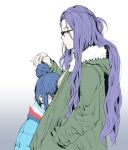  2girls bangs_pinned_back blue_eyes blue_hair coat commentary glasses gradient gradient_background hair_bun hand_in_pocket highres kagamihara_sakura long_hair multiple_girls petting purple_eyes purple_hair shima_rin simple_background tamaoki_benkyou winter_clothes yurucamp 