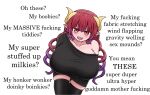  animal_humanoid big_breasts breasts clothing dragon dragon_humanoid english_text fangs hair hi_res horn huge_breasts humanoid humanoid_pointy_ears iruru legwear looking_at_viewer miss_kobayashi&#039;s_dragon_maid profanity purple_hair red_eyes red_hair simple_background stockings taiggerrock text 