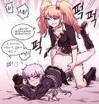  2girls ass bangs bear_hair_ornament black_choker black_footwear black_gloves black_neckwear black_ribbon black_shirt blonde_hair blush boots bow braid breasts choker cleavage clenched_teeth clothed_sex collarbone commentary_request danganronpa:_trigger_happy_havoc danganronpa_(series) enoshima_junko evil_grin evil_smile eyebrows_visible_through_hair femdom futa_with_female futanari gloves grin hair_ornament implied_futanari kirigiri_kyouko knee_boots korean_text legs_up lifting_person long_hair long_sleeves looking_down maggea22 medium_breasts multiple_girls necktie pale_skin rape red_bow ribbon sex shiny shiny_hair shirt side_braid skirt_up sleeves_past_elbows smile speech_bubble sweat tears teeth translation_request twintails white_background white_neckwear 