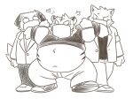  2021 angry anthro belly bottomwear canid canine canis clothing domestic_dog face_mask felid group hi_res kemono male mammal mind_drive mizuse_higomaru navel overweight overweight_male pantherine pants shirt sketch tiger topwear 