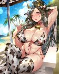  1girl absurdres animal_ears animal_print armpits bangs beach beach_chair beach_umbrella bell bell_collar bikini blue_sky blurry blurry_background bow bowtie bracelet breasts brown_hair cloud cloudy_sky collar commentary_request cow_ears cow_horns day eyebrows_visible_through_hair fake_animal_ears gan_(shanimuni) hair_ornament highleg highleg_bikini highres horns jewelry large_breasts lips long_hair looking_at_viewer mole mole_on_breast mole_under_eye navel open_mouth original outdoors palm_leaf palm_tree ponytail pulled_by_self purple_eyes shadow shiny shiny_hair shiny_skin sitting sky solo stomach sweat sweatdrop swimsuit thighhighs thighs tied_hair tree umbrella water 